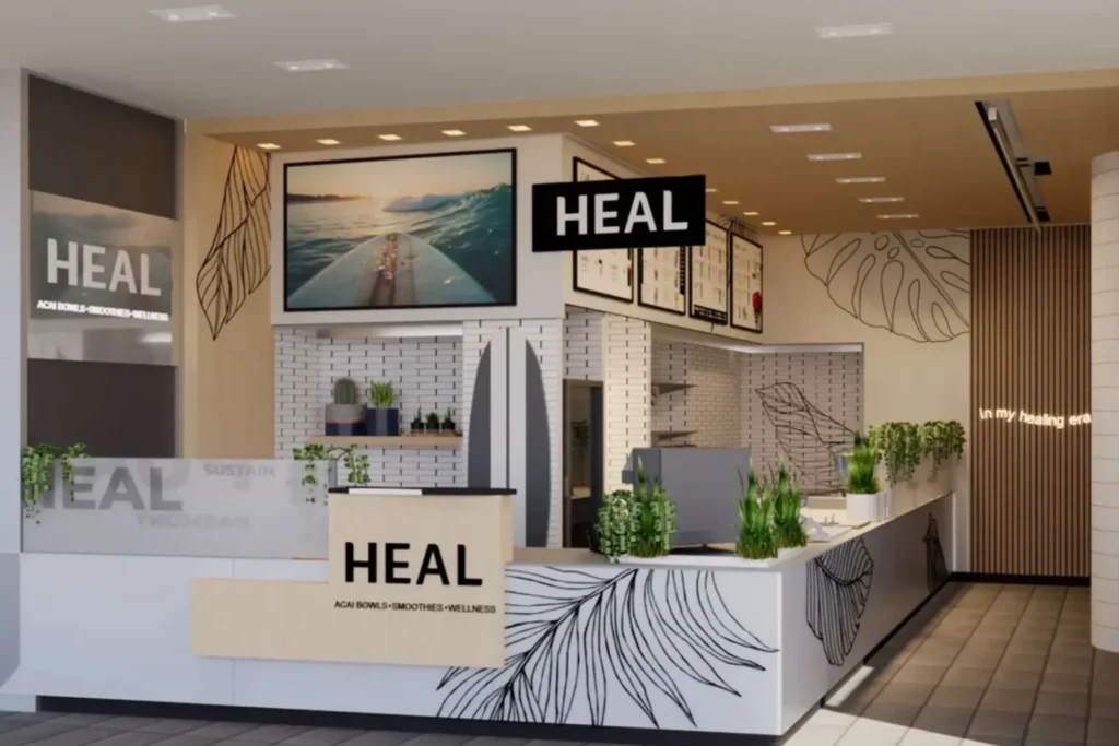 HEAL Wellness restaurant interior featuring a bright, modern fast-casual dining space