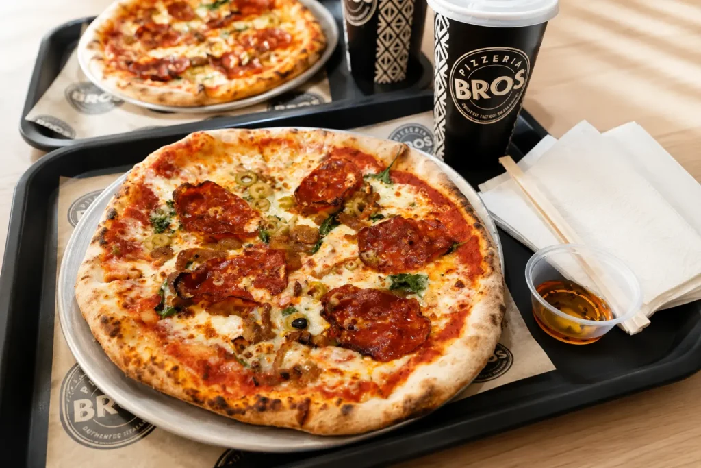Fresh artisan pizzas served at Pizzeria Bros