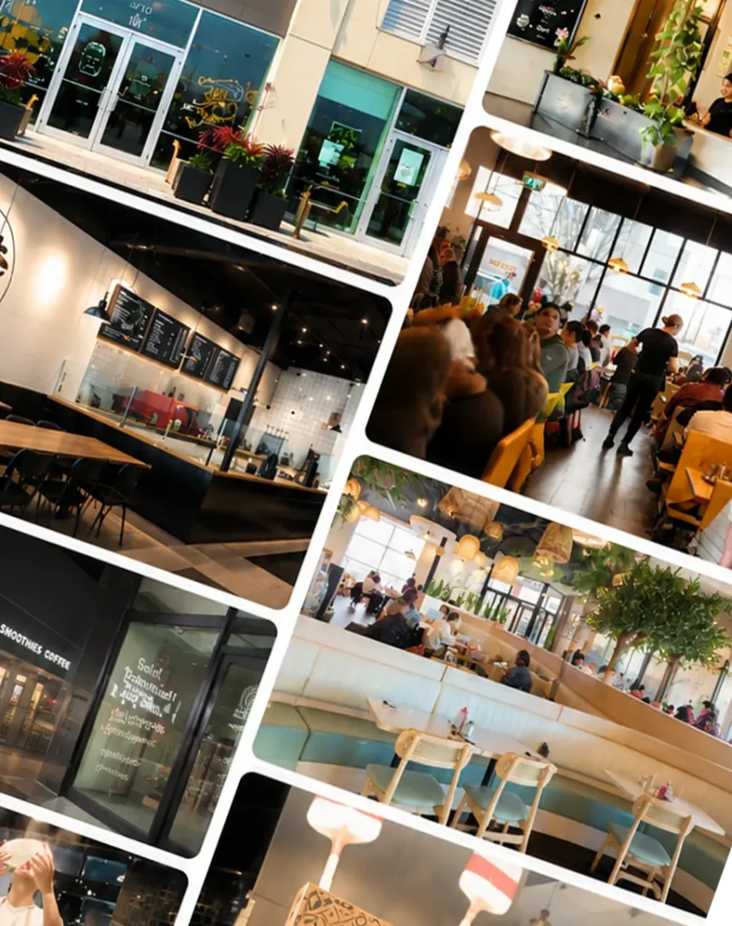 Collage of modern restaurant interiors, dining spaces, and hospitality experiences